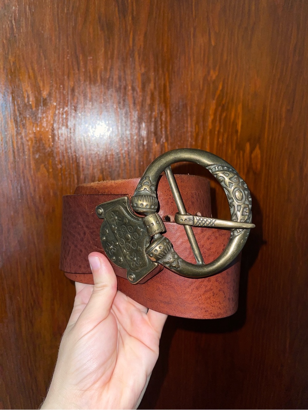 Albartos Brown Leather Belt with Ornate Brass Buckle
